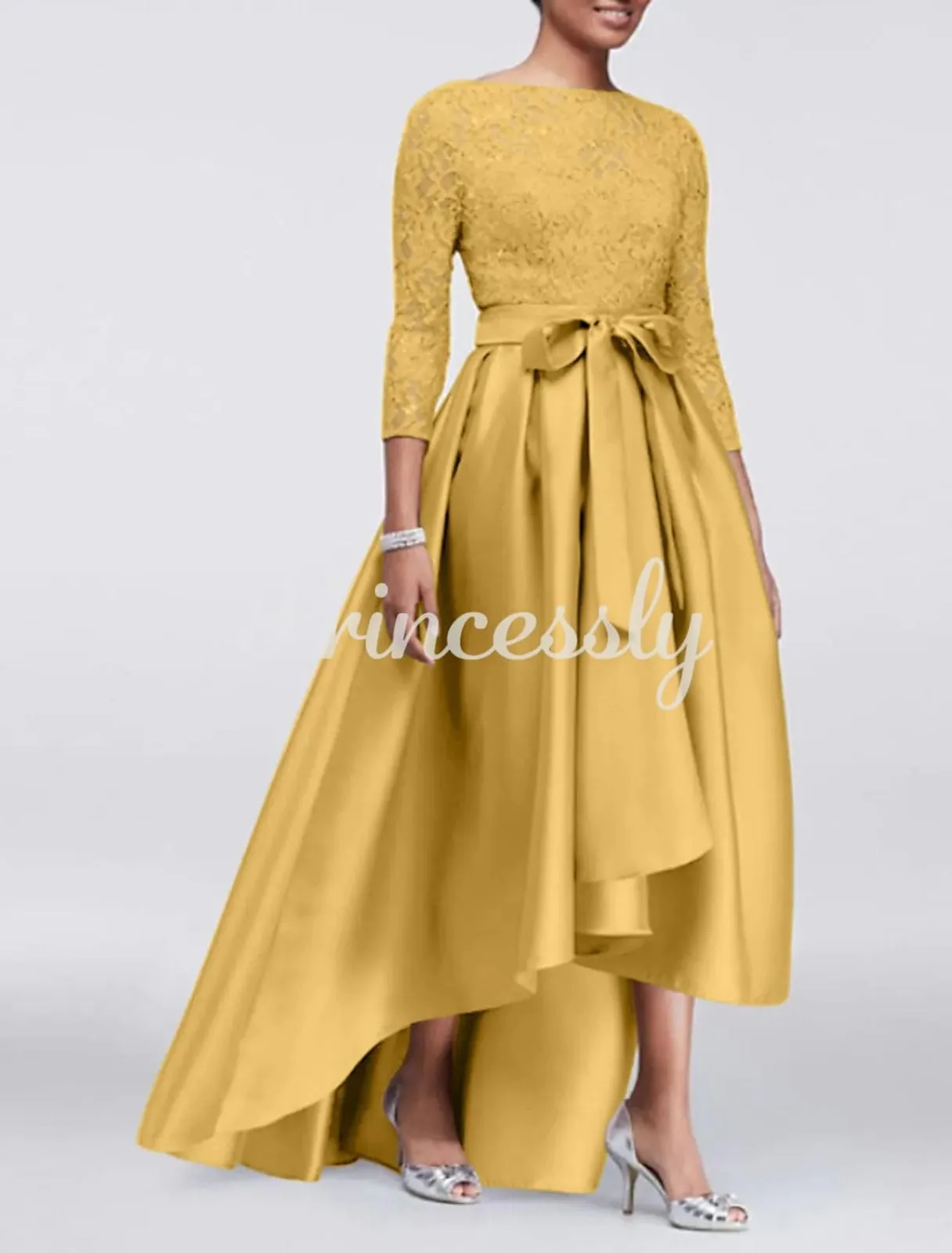 A-line Plus Size Lace Satin 3/4 Sleeve Hi Low Mother of Bride Dress, Sash