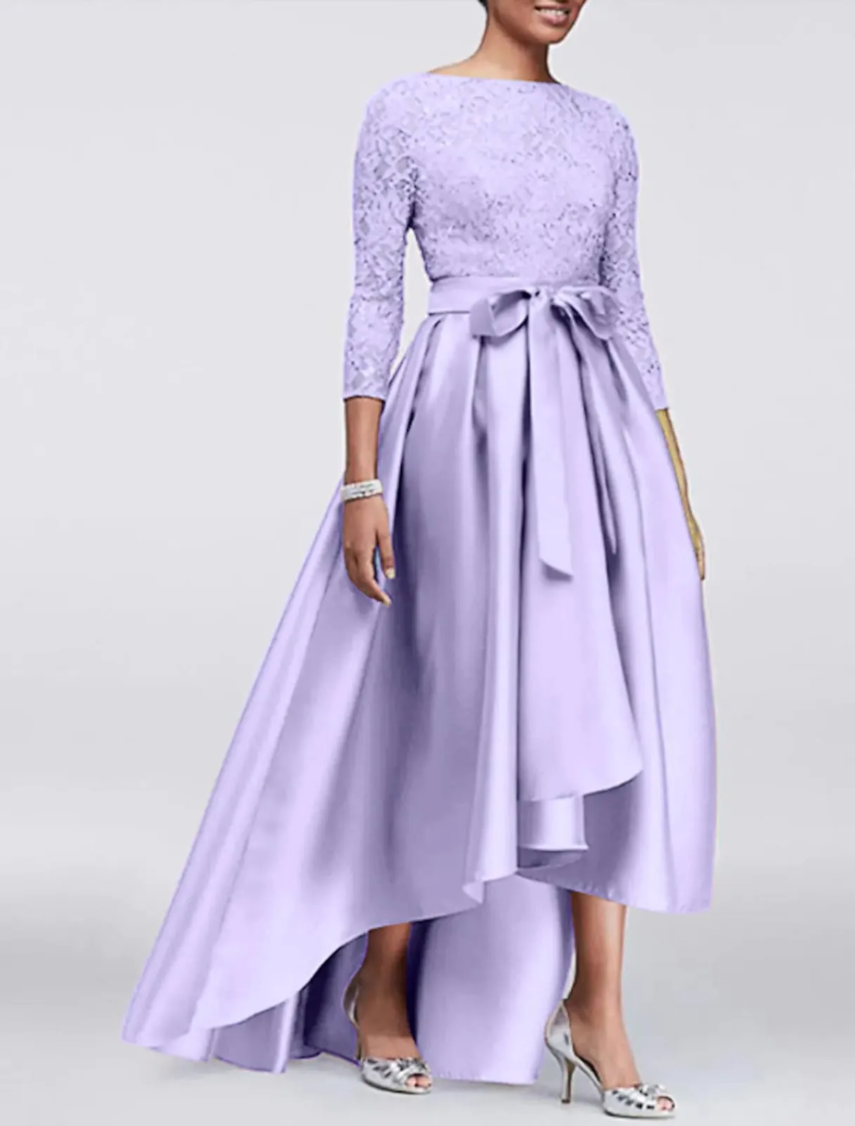 A-line Plus Size Lace Satin 3/4 Sleeve Hi Low Mother of Bride Dress, Sash