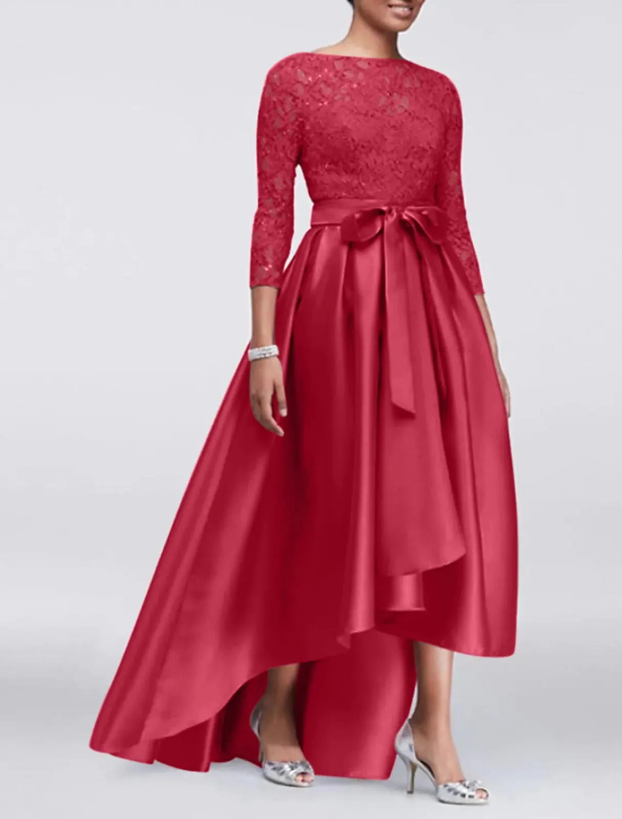 A-line Plus Size Lace Satin 3/4 Sleeve Hi Low Mother of Bride Dress, Sash
