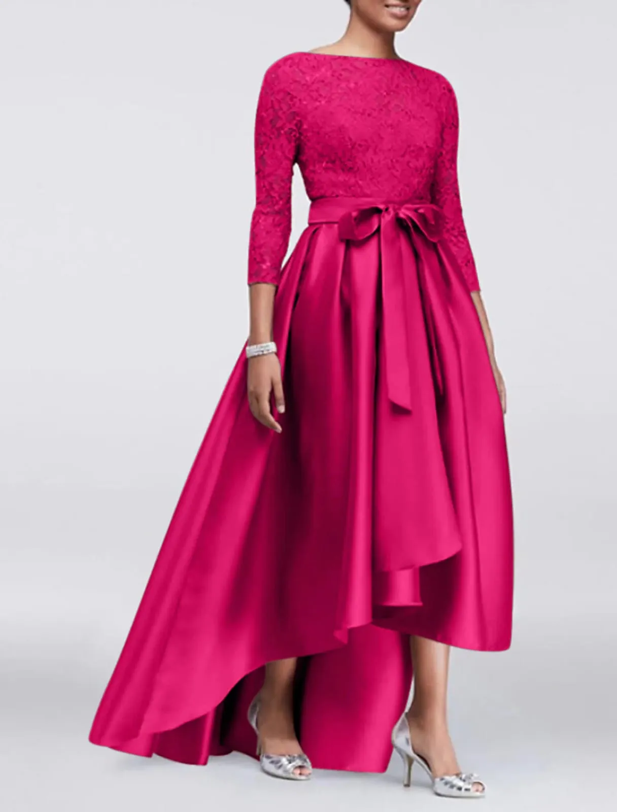 A-line Plus Size Lace Satin 3/4 Sleeve Hi Low Mother of Bride Dress, Sash