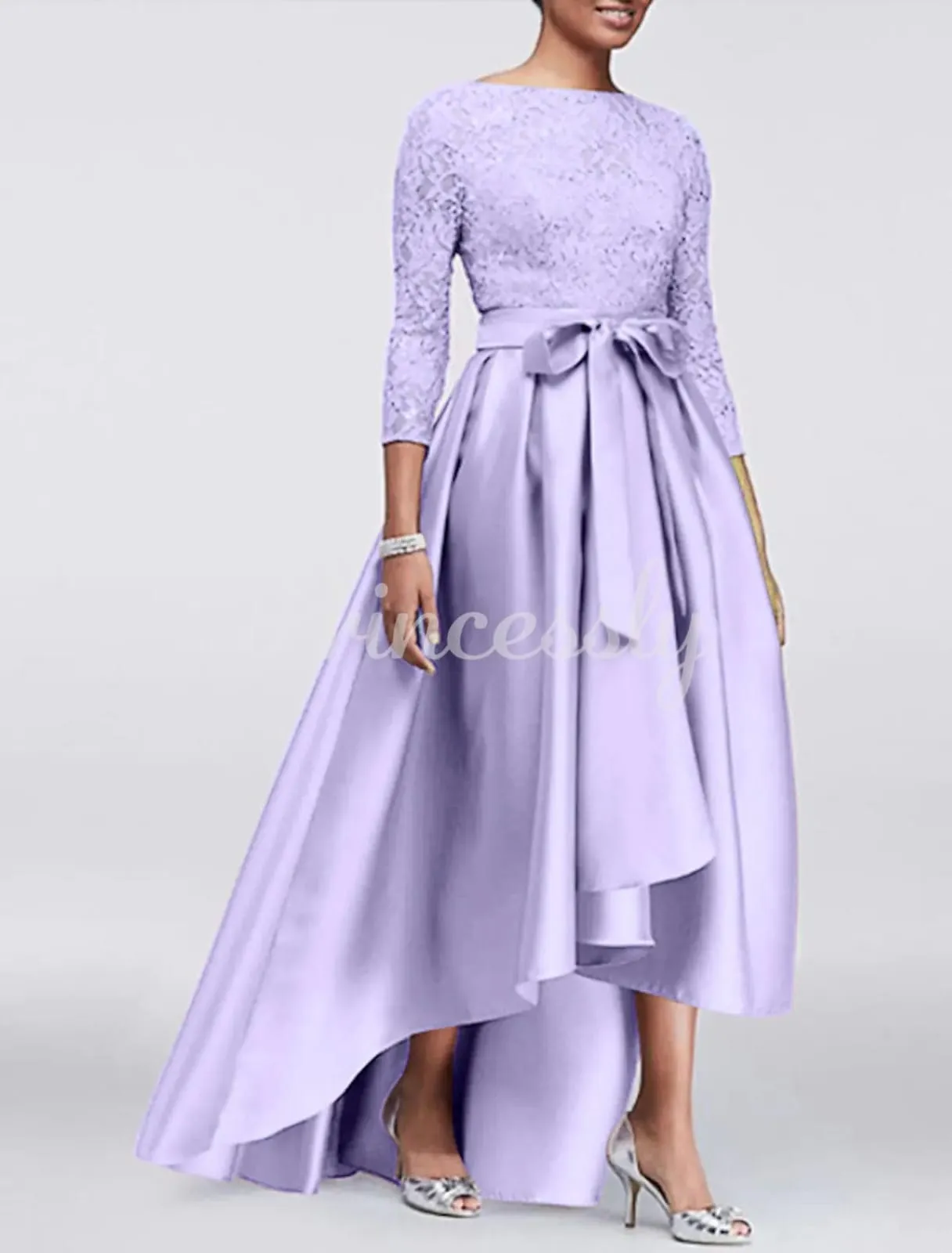 A-line Plus Size Lace Satin 3/4 Sleeve Hi Low Mother of Bride Dress, Sash