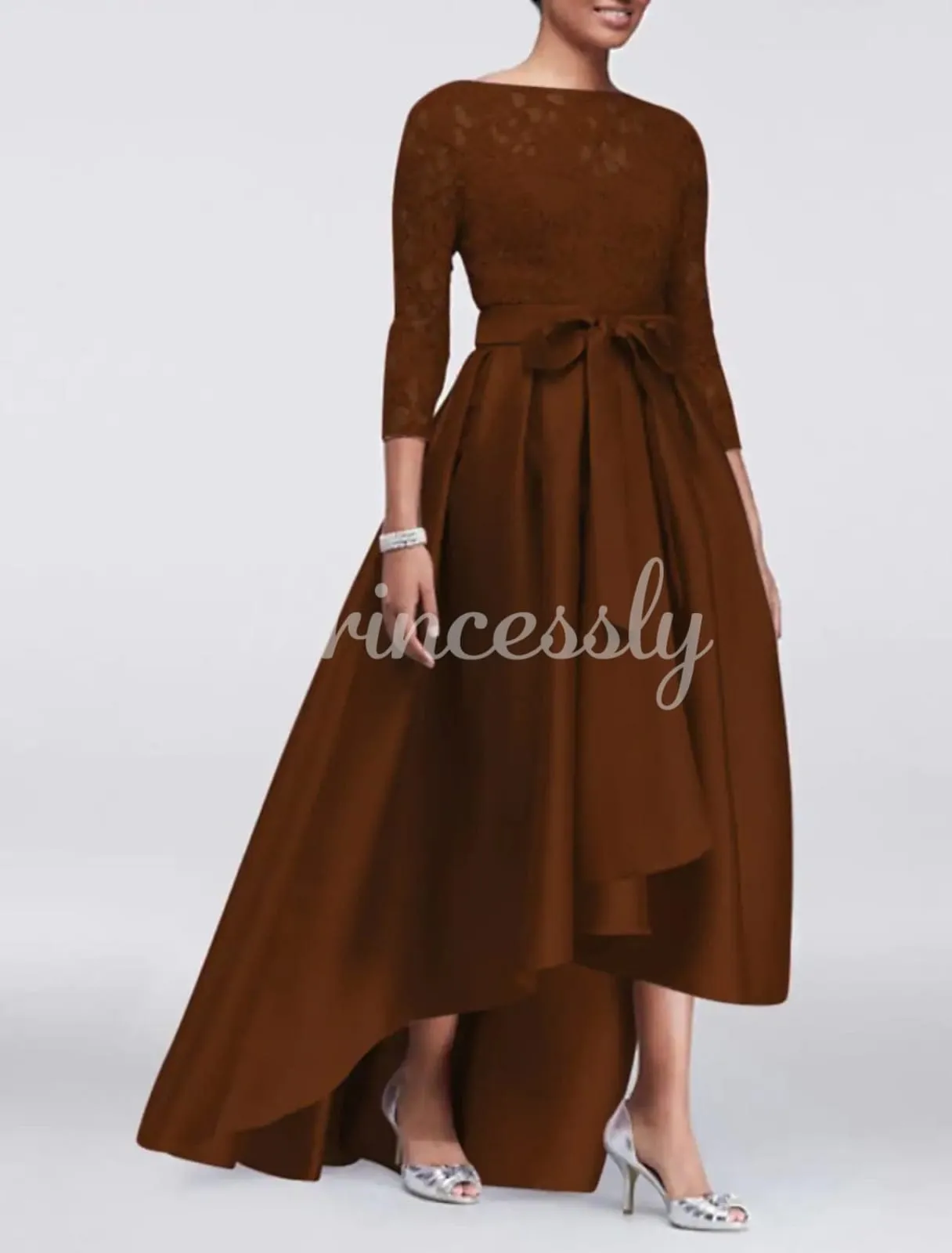 A-line Plus Size Lace Satin 3/4 Sleeve Hi Low Mother of Bride Dress, Sash