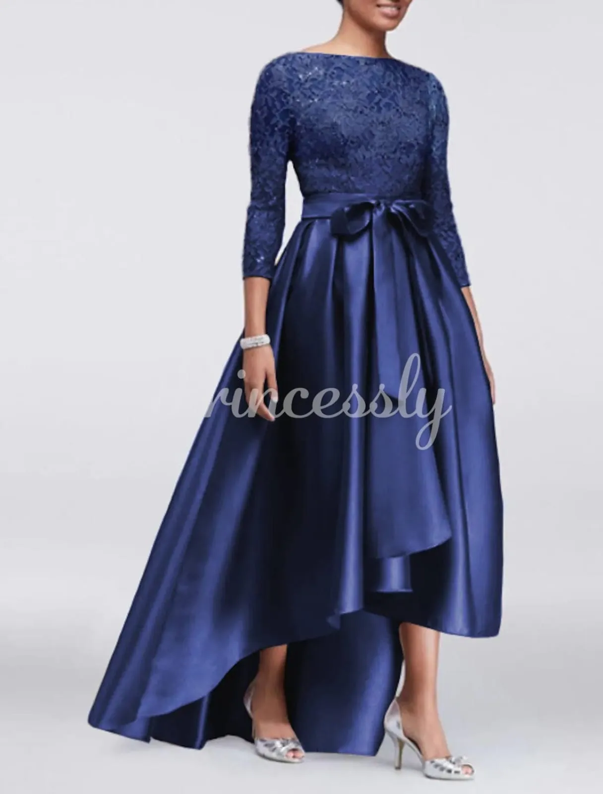 A-line Plus Size Lace Satin 3/4 Sleeve Hi Low Mother of Bride Dress, Sash