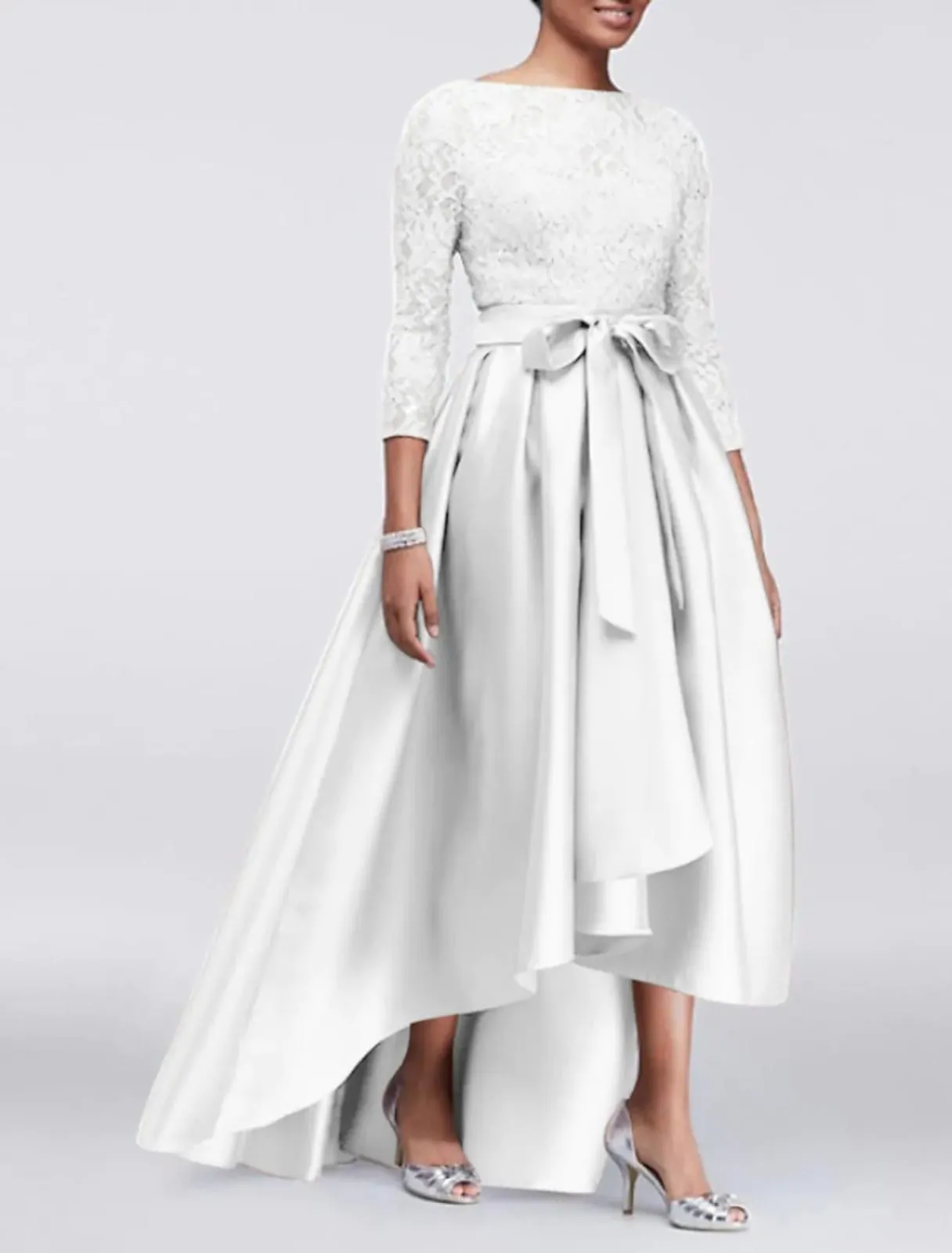 A-line Plus Size Lace Satin 3/4 Sleeve Hi Low Mother of Bride Dress, Sash