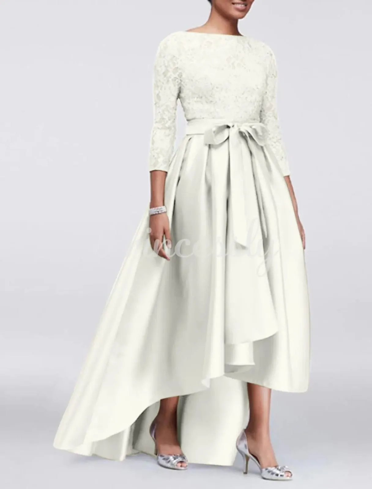 A-line Plus Size Lace Satin 3/4 Sleeve Hi Low Mother of Bride Dress, Sash