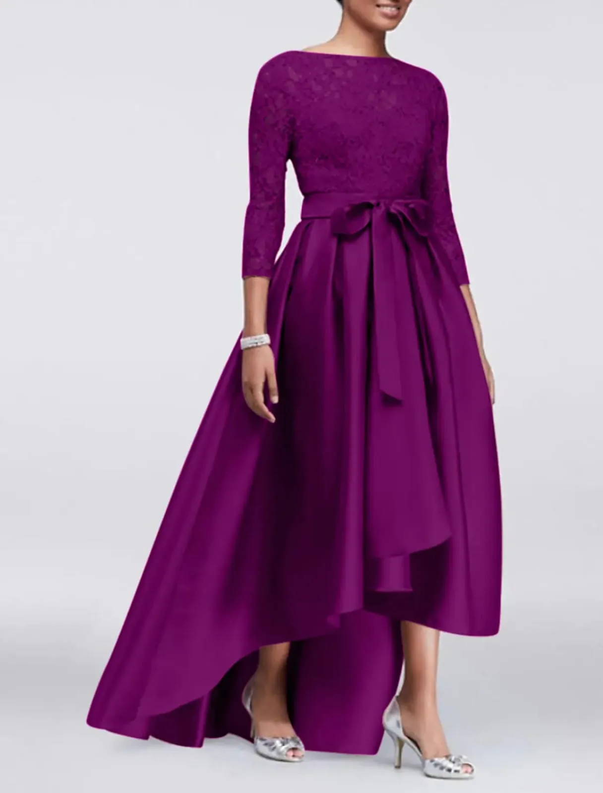 A-line Plus Size Lace Satin 3/4 Sleeve Hi Low Mother of Bride Dress, Sash