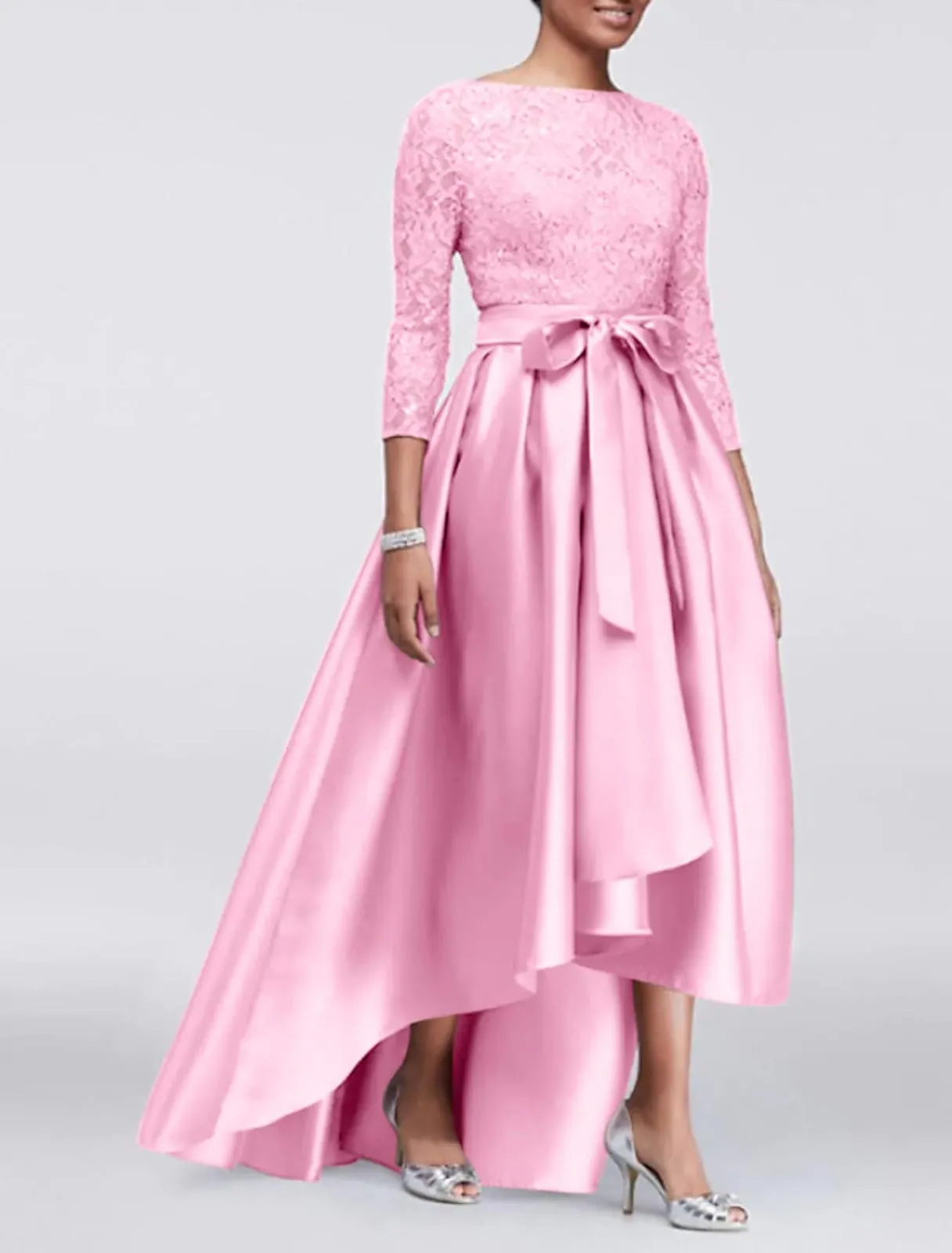 A-line Plus Size Lace Satin 3/4 Sleeve Hi Low Mother of Bride Dress, Sash