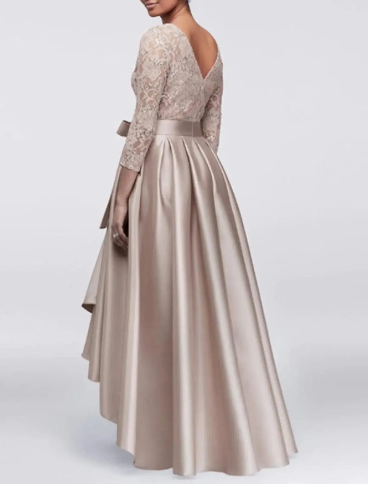 A-line Plus Size Lace Satin 3/4 Sleeve Hi Low Mother of Bride Dress, Sash