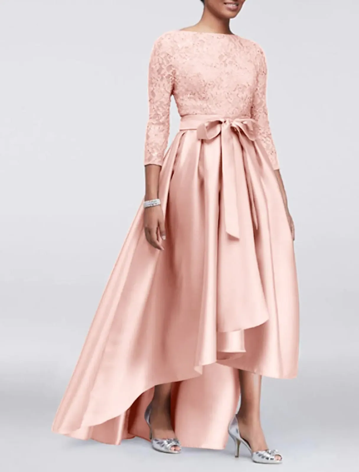 A-line Plus Size Lace Satin 3/4 Sleeve Hi Low Mother of Bride Dress, Sash