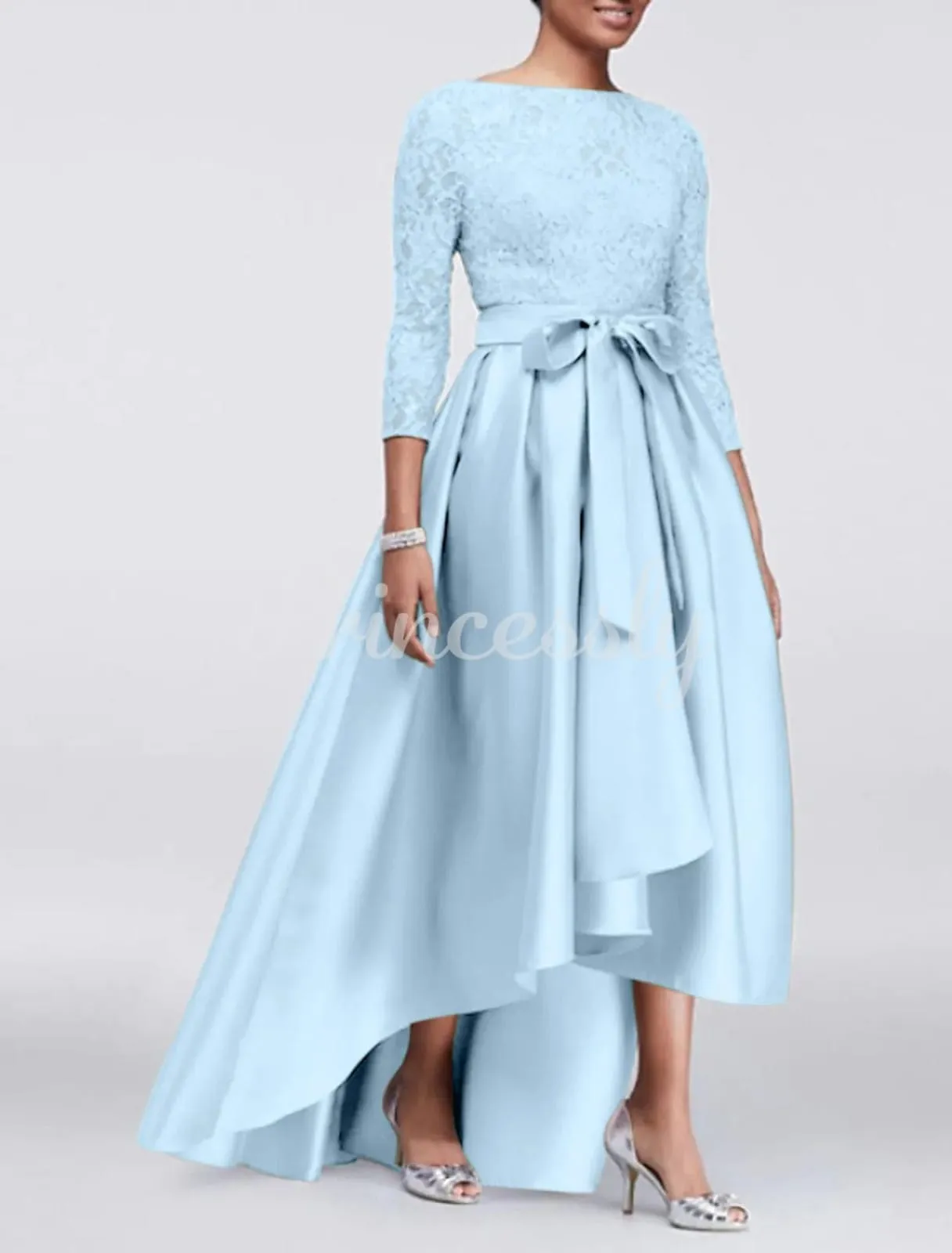 A-line Plus Size Lace Satin 3/4 Sleeve Hi Low Mother of Bride Dress, Sash