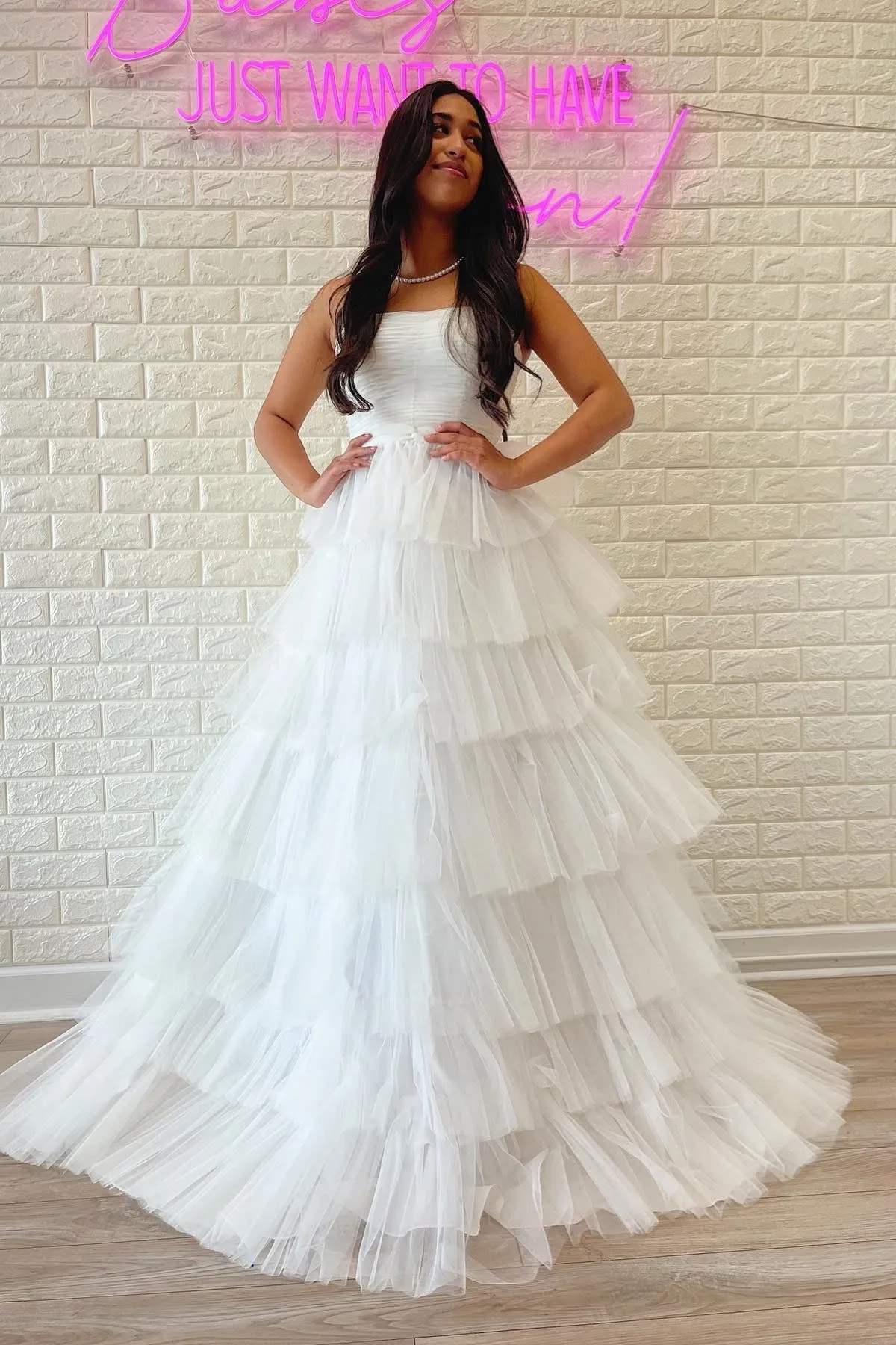 A-line Strapless Pleated Multi-Layers Tulle Long Prom Dress
