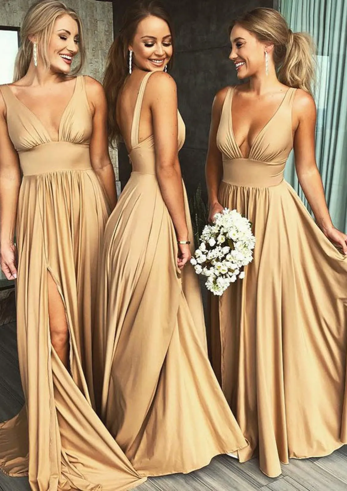 A-line V-Neck Sleeveless Waistband Sweep Train Split Charmeuse Bridesmaid Dress