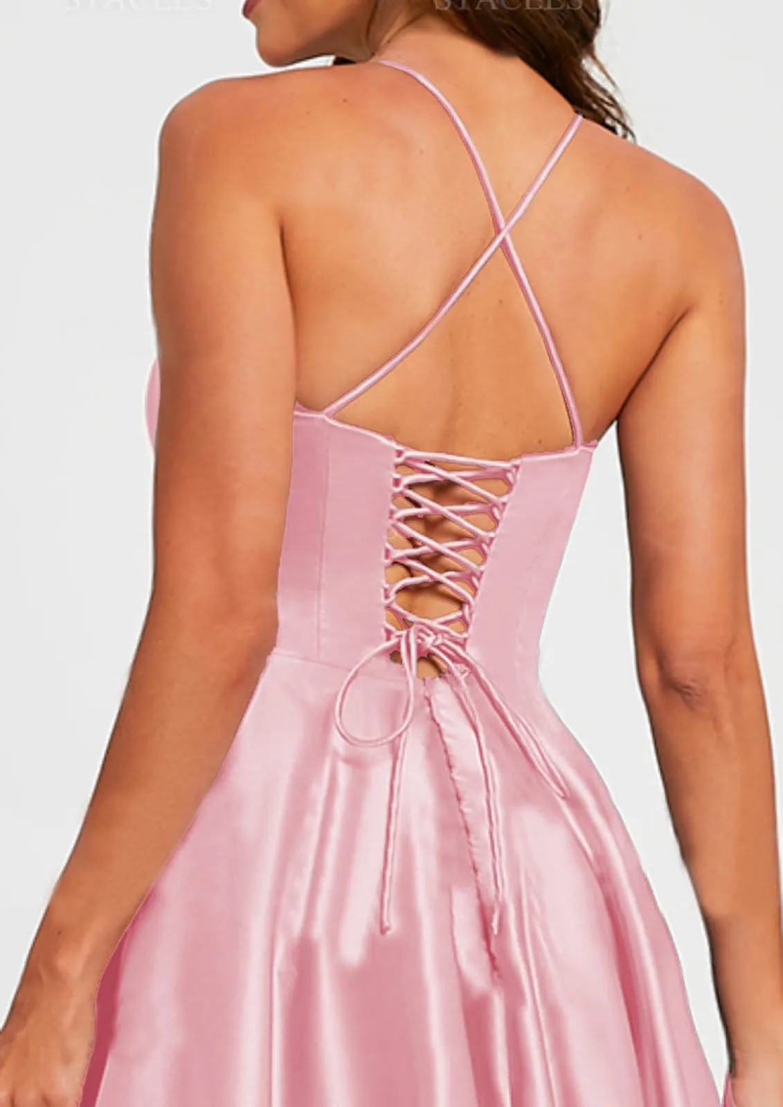 A-line V Neck Straps Cross Lace-up Long Ruching Pink Satin Prom Dress