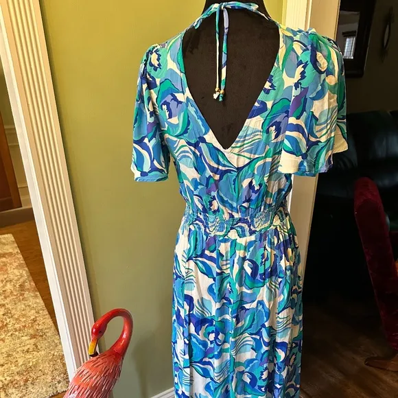 Abel the Label Anthropologie Blue Floral Boho Smocked V Neck Maxi Dress Size S