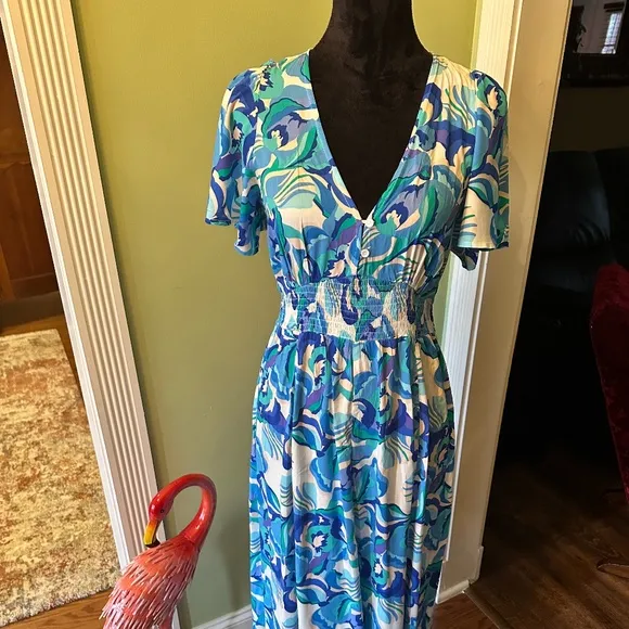 Abel the Label Anthropologie Blue Floral Boho Smocked V Neck Maxi Dress Size S