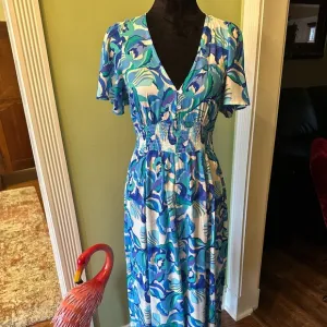 Abel the Label Anthropologie Blue Floral Boho Smocked V Neck Maxi Dress Size S