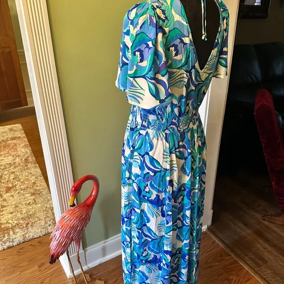 Abel the Label Anthropologie Blue Floral Boho Smocked V Neck Maxi Dress Size S