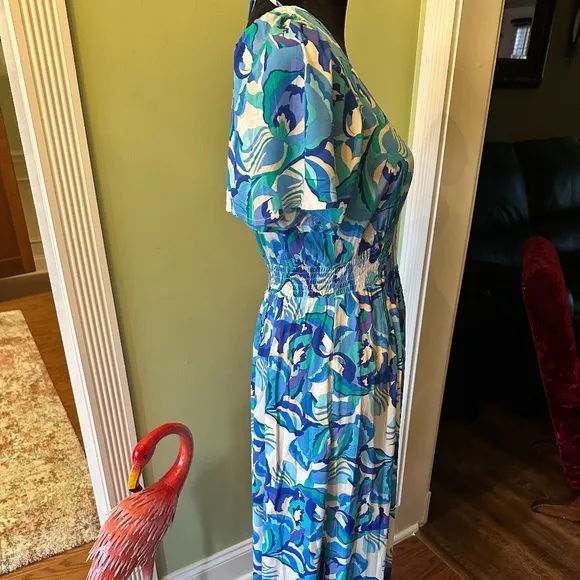 Abel the Label Anthropologie Blue Floral Boho Smocked V Neck Maxi Dress Size S