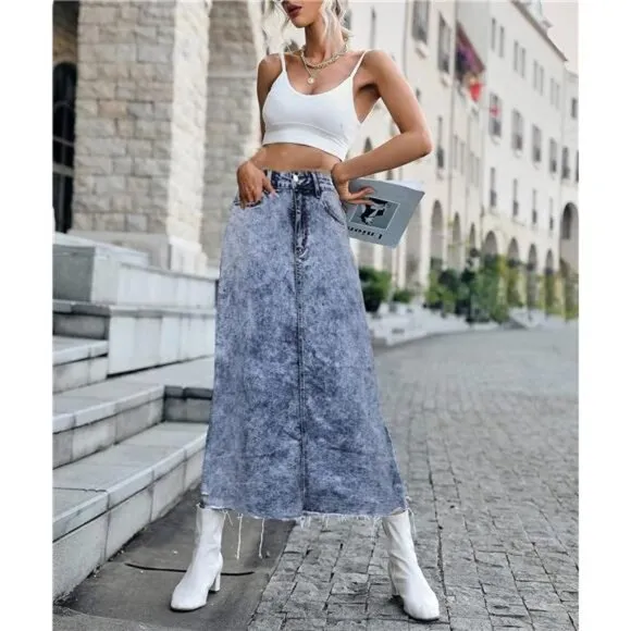 Acid Wash Long Denim Midi Skirt High Waist Distressed Frayed Raw Hem Jean Skirt