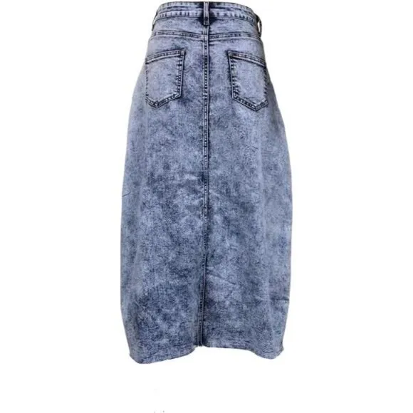 Acid Wash Long Denim Midi Skirt High Waist Distressed Frayed Raw Hem Jean Skirt
