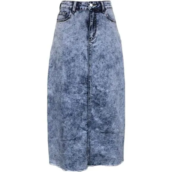 Acid Wash Long Denim Midi Skirt High Waist Distressed Frayed Raw Hem Jean Skirt