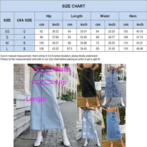 Acid Wash Long Denim Midi Skirt High Waist Distressed Frayed Raw Hem Jean Skirt
