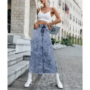 Acid Wash Long Denim Midi Skirt High Waist Distressed Frayed Raw Hem Jean Skirt