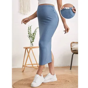 Adjustable Waist Split Thigh Rib-knit Pencil Skirt