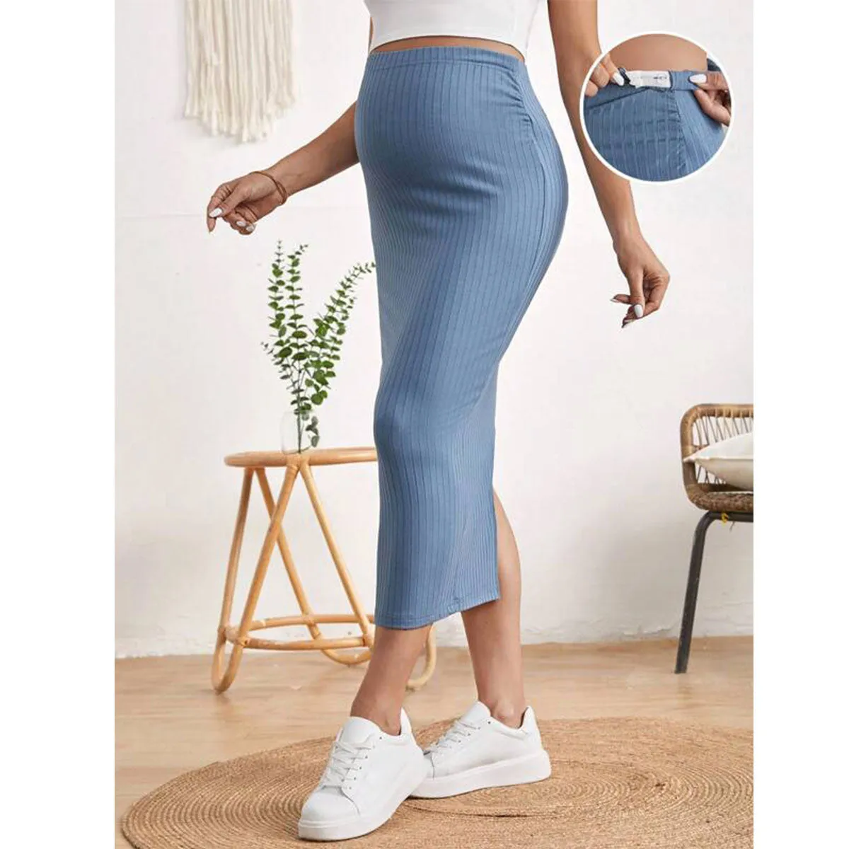 Adjustable Waist Split Thigh Rib-knit Pencil Skirt