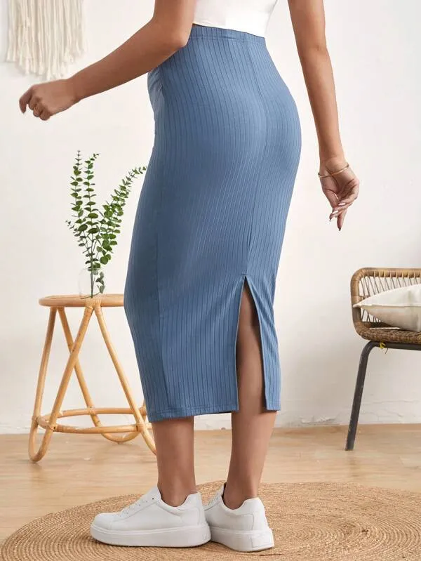 Adjustable Waist Split Thigh Rib-knit Pencil Skirt