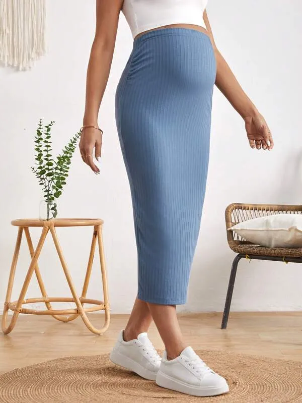 Adjustable Waist Split Thigh Rib-knit Pencil Skirt