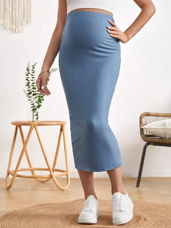 Adjustable Waist Split Thigh Rib-knit Pencil Skirt