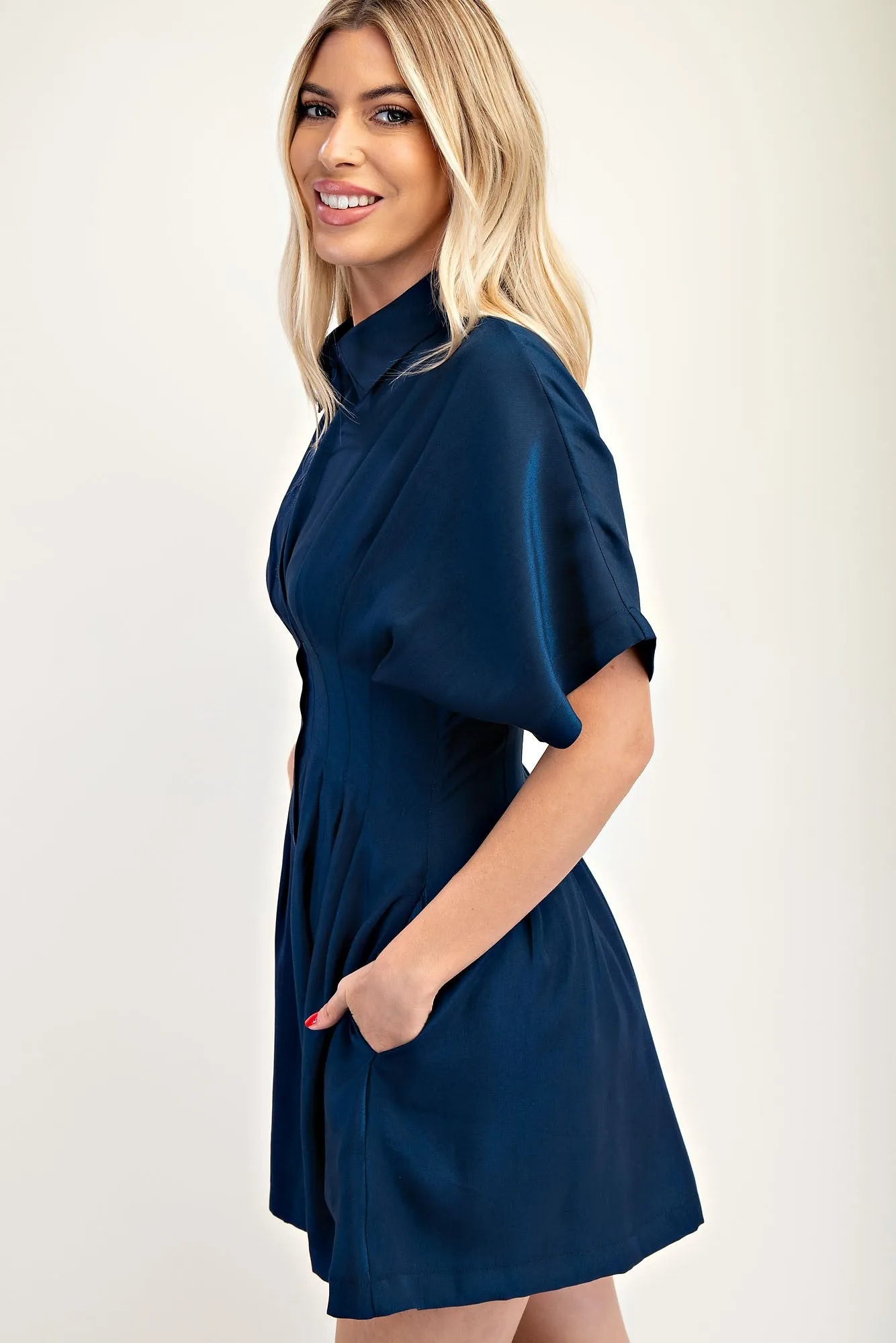 ALEXIS PLEATED WAIST DRESS - NAVY