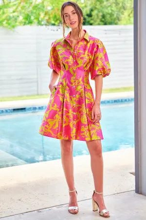 Alicia Tucked Waist Shirt Dress Pink/Citron Jacquard