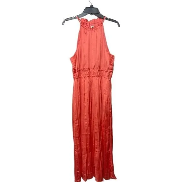 Anne Klein Pleated A-Line Halter Dress in Coral Size 12