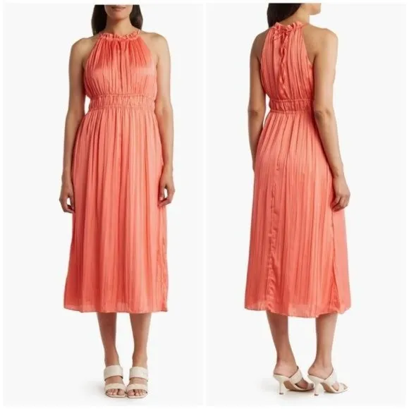 Anne Klein Pleated A-Line Halter Dress in Coral Size 12