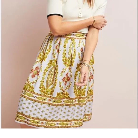Anthropologie echarpe lilac ornate pleated gold paisley midi skirt size 8