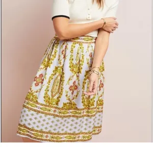 Anthropologie echarpe lilac ornate pleated gold paisley midi skirt size 8