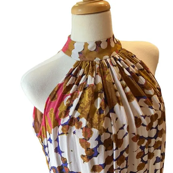 Anthropologie Lorna Silk Dress Sz 0 Maxi Halter Multicolor Boho Artsy Coquette