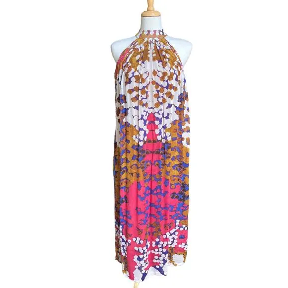 Anthropologie Lorna Silk Dress Sz 0 Maxi Halter Multicolor Boho Artsy Coquette