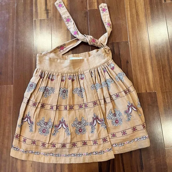 Anthropologie Tan Wrap Skirt Mini Tie Waist Woven Paisley Print Boho Size US 2