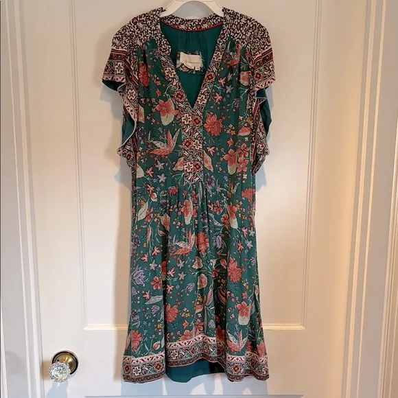 Anthropologie Zenia blue / green floral flutter sleeve mini dress with pockets