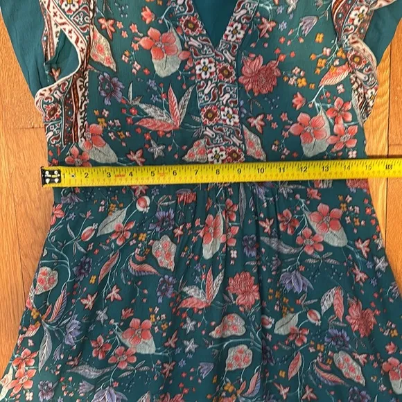 Anthropologie Zenia blue / green floral flutter sleeve mini dress with pockets