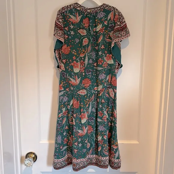 Anthropologie Zenia blue / green floral flutter sleeve mini dress with pockets