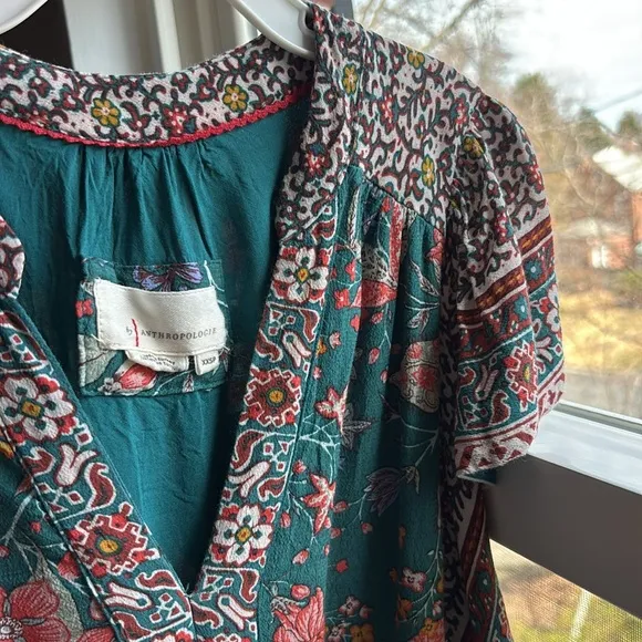 Anthropologie Zenia blue / green floral flutter sleeve mini dress with pockets