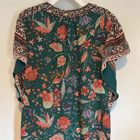 Anthropologie Zenia blue / green floral flutter sleeve mini dress with pockets