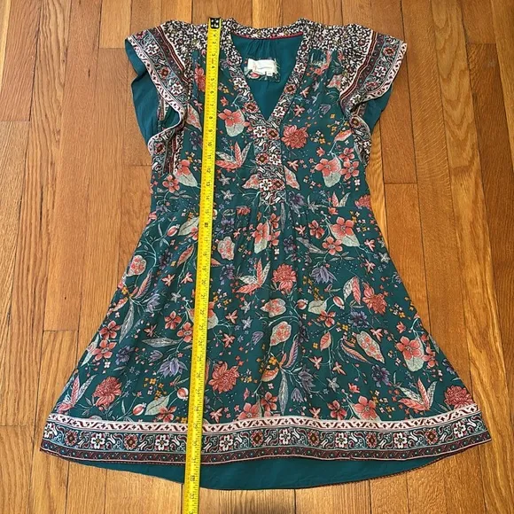 Anthropologie Zenia blue / green floral flutter sleeve mini dress with pockets