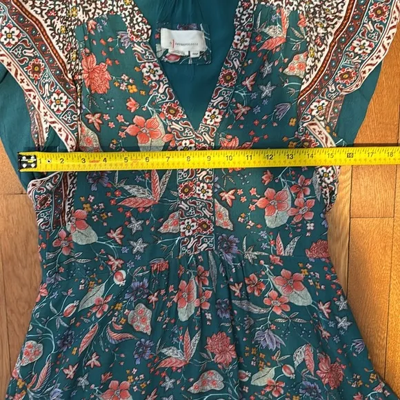 Anthropologie Zenia blue / green floral flutter sleeve mini dress with pockets