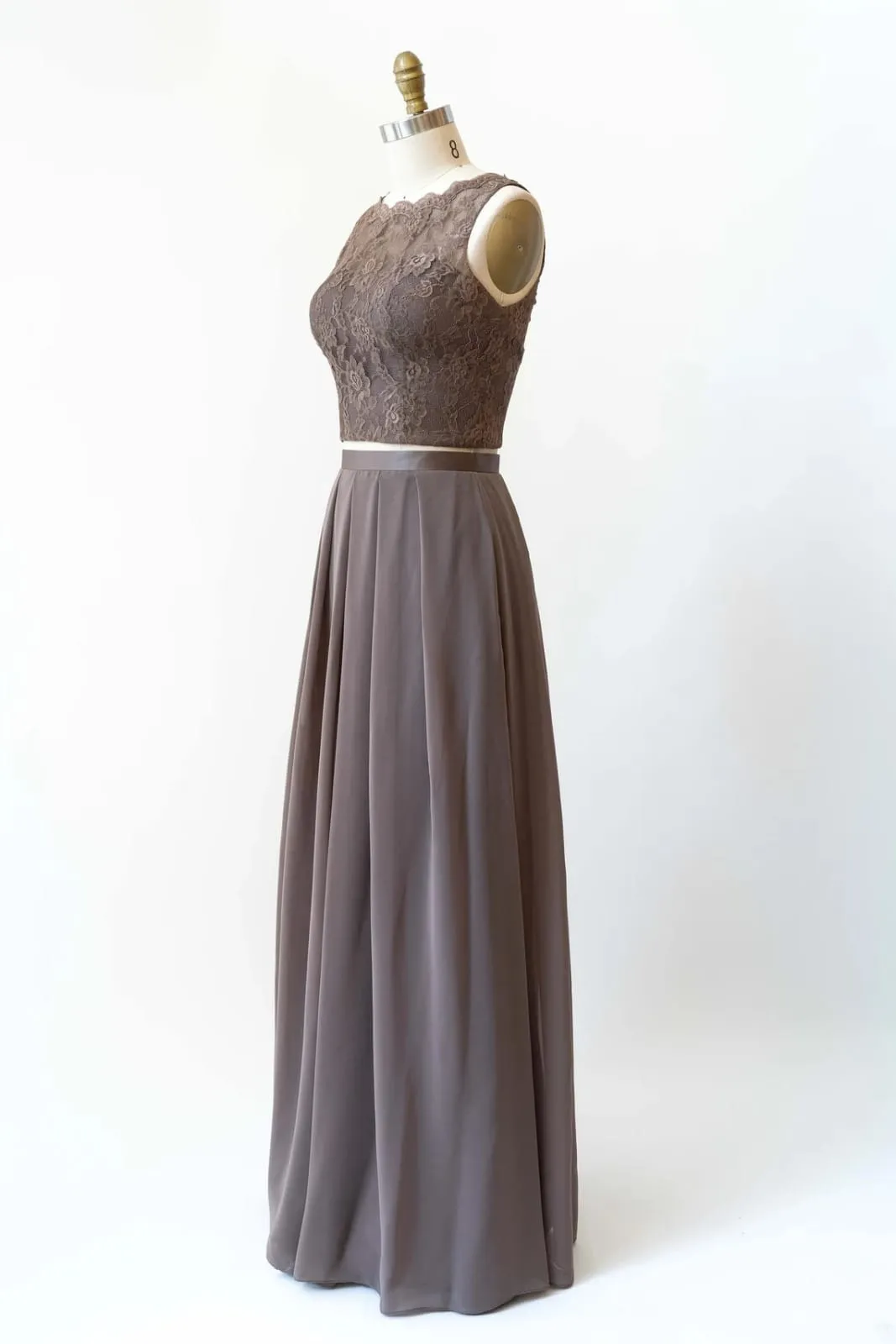Bateau Lace Tank Chiffon Two-Piece Bridesmaid Dress, Buttons