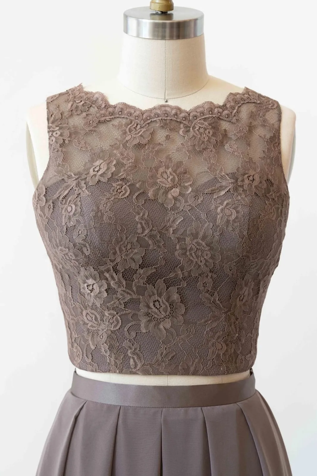 Bateau Lace Tank Chiffon Two-Piece Bridesmaid Dress, Buttons